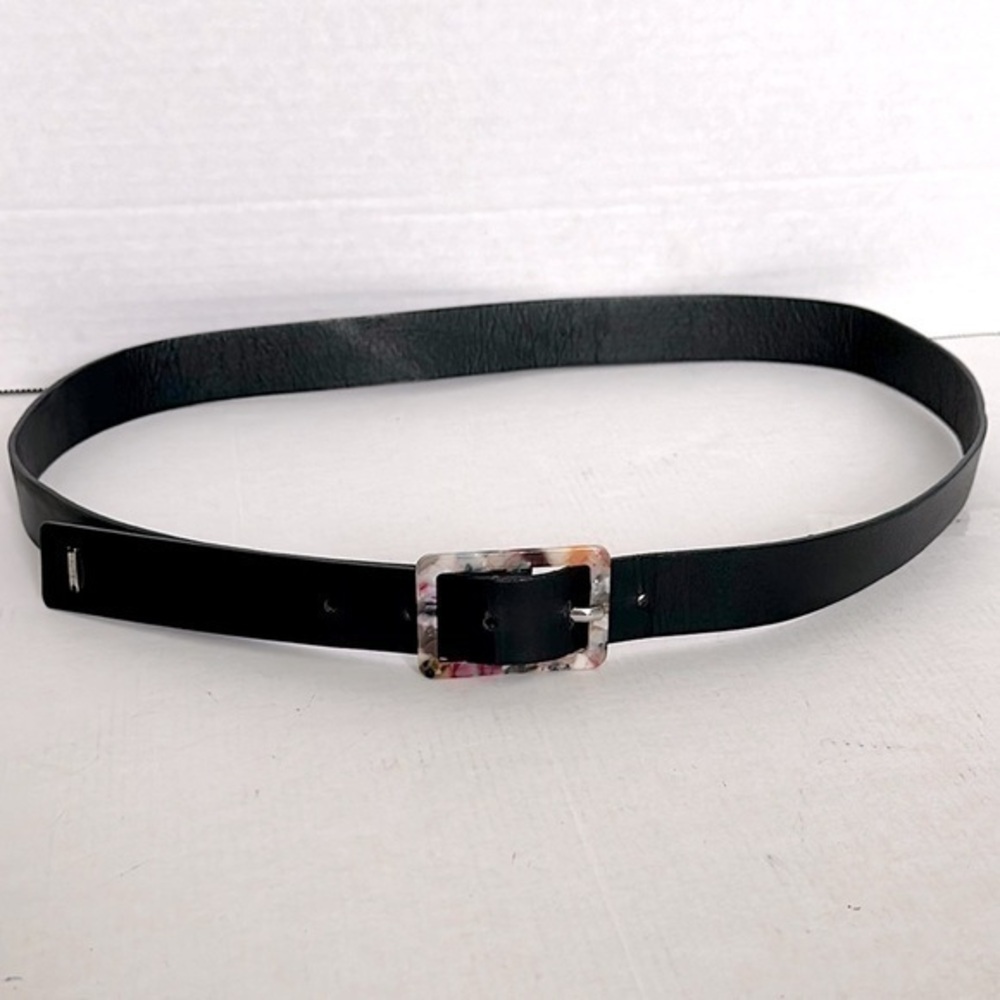 Nautica Black Leather Belt with ORAZIO Acrylic multicolor buckle EUC sz 14/16